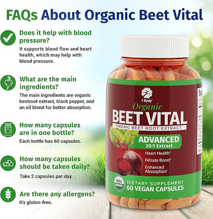 1 Body Beet Vital, Organic Beetroot Supplements for Circulation, Energy, & Stamina, Nitric Oxide Booster Beets Supplements with 1360mg Beetroot Extract, Vegan, Non-GMO, 60 Organic Beet Root Capsules