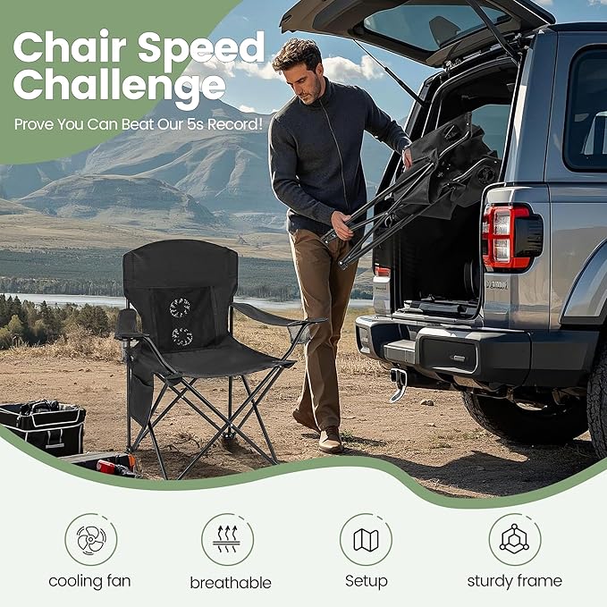 2 Pack Camping Chairs with Fan, Lightweight Camp Chair 300LBS Portable Foldable Chairs for Adults & Teens, Compact with Carry Bag for Camping, Beach, Picnics, Outdoor