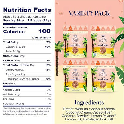 MAGICDATES Date Snack Bites | Lush Lemon Bar – 4 Bags (16 Servings) | Medjool Dates | Gluten-Free | Vegan | Paleo | No Added Sugar | Plant-Based Citrus Snack | Healthy On-the-Go Bites