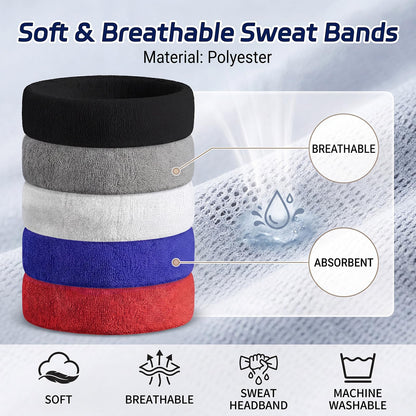 5 Pcs Sweatbands Sports Headband for Men & Women, Moisture Wicking Hairband