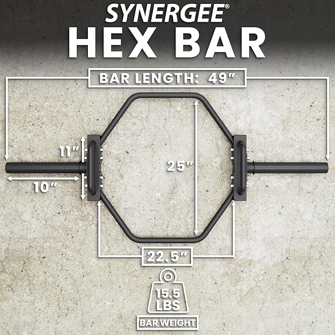 Synergee 20kg and 25kg Chrome or Black Olympic Hex Barbell Trap Bar with Rotating, Flat or Raised Handles for Squats, Deadlifts, Shrugs.