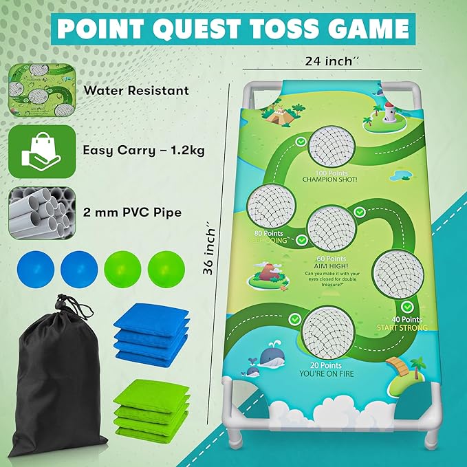 2-in-1 Cornhole Boards Set with Bean Bags & Toss Balls – Regulation Size Outdoor Game for Adults & Kids – Portable Backyard, Beach & Tailgate Lawn Game – Green & Blue Bean Bags Included