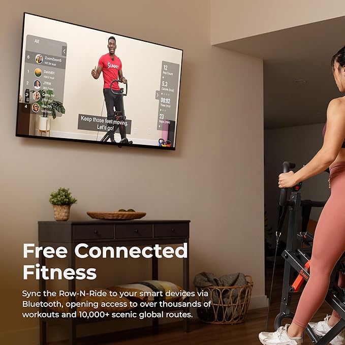 Sunny Health & Fitness Row-N-Ride PRO, Full Body Combo Squat Machine w/Optional Resistance Band, Easy Setup Ab Workout Exercise Equipment for Home, Whole Body Cardio, Optional SunnyFit App Connection
