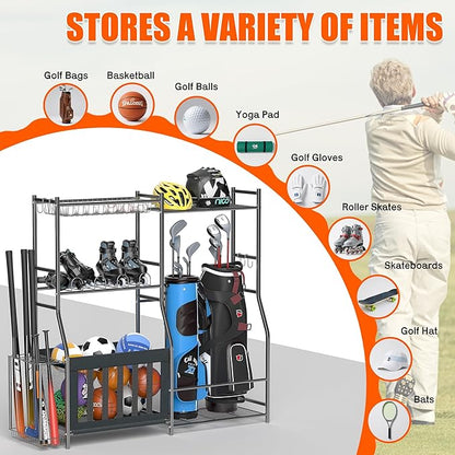 Ultrawall Golf Storage Organizer, Golf Bag Storage Stand for Garage, Golf Equipment Rack with Wheels Fits 2 Golf Bags and Golf Equipment Accessories
