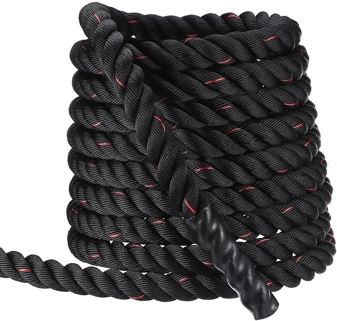 MECCANIXITY Battle Rope 50ft x 2 Inch Polyester Workout Rope Heavy Fitness Exercise Rope for Strength Training Home Gym Muscle Building, Black Red