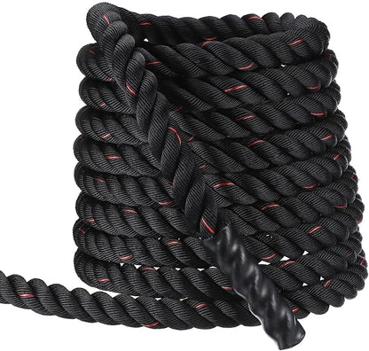 MECCANIXITY Battle Rope 50ft x 2 Inch Polyester Workout Rope Heavy Fitness Exercise Rope for Strength Training Home Gym Muscle Building, Black Red