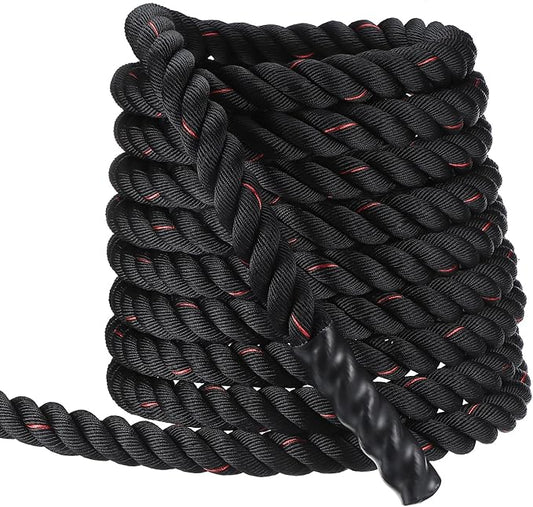 MECCANIXITY Battle Rope 50ft x 2 Inch Polyester Workout Rope Heavy Fitness Exercise Rope for Strength Training Home Gym Muscle Building, Black Red