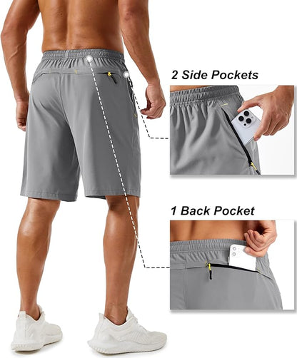 TACVASEN Men's Running Athletic Shorts 9" Quick Dry Workout Gym Shorts Lightweight Summer Shorts 3 Zipper Pockets