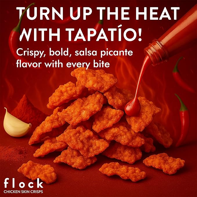 "Flock Keto Chicken Skin Chips | Tapatio Flavor | Low Carb, High Protein, Sugar Free, Gluten Free | 4-Pack (2.5oz)