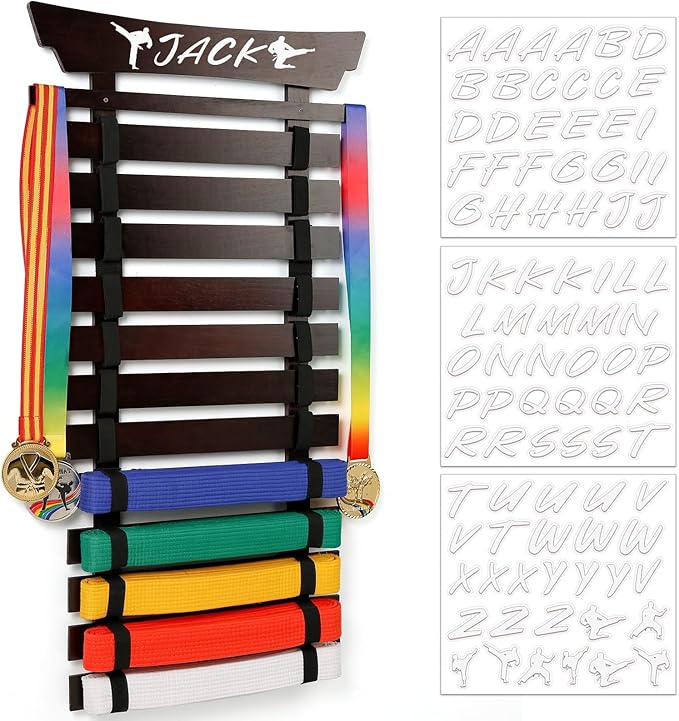 12 Belts Karate Belt Display Rack with Stickers, Martial Arts Belt Display Holder, Taekwondo Belt Jiu Jitsu Belt BJJ Belt Display Hanging Holder for Adults