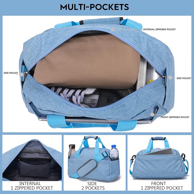 14 inch Small Gym Bag for Women & Men, Mini Duffel Bag for Travel Sports Lightweight Carry On Bag (Light Blue)