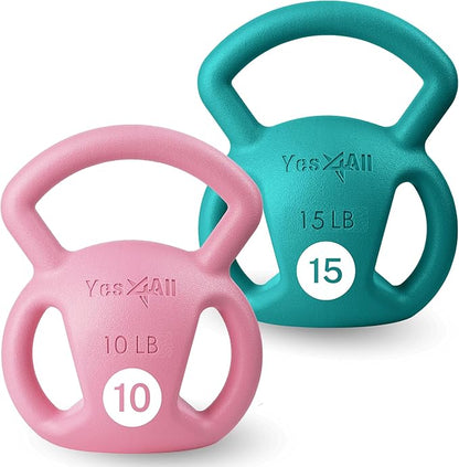 Yes4All Kettlebell, Strength Training Kettlebells for Women, Wide Multi-grip Textured Handle for Home Gym Exercises & Full Body Workout, Single 5–25 lb & Set of 10-15 lb