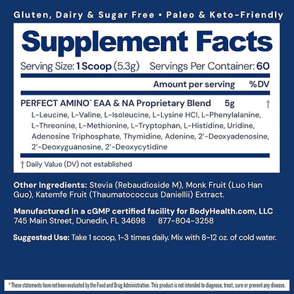 BodyHealth PerfectAmino Powder - BCAA and EAA Powder for Pre and Post Workout - Amino Acid Energy Drink for Men and Women to Support Lean Muscle and Recovery - Unflavored - 60 Servings