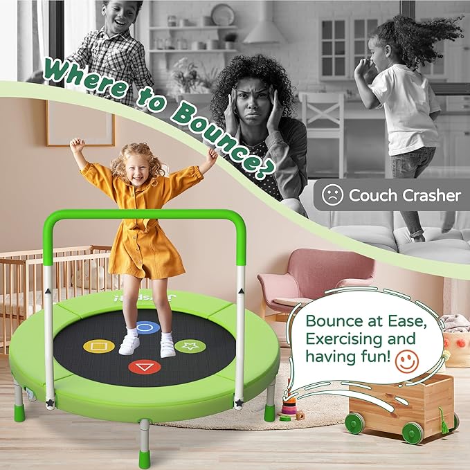 3FT Toddler Trampoline with Adjustable Handlebar, 36" Foldable & Spring-Free, Mini Kids Indoor Outdoor Trampoline for Ages 1-6, Noiseless Jumping Mat, Safe & Sturdy Design, Supports Up to 100 lbs
