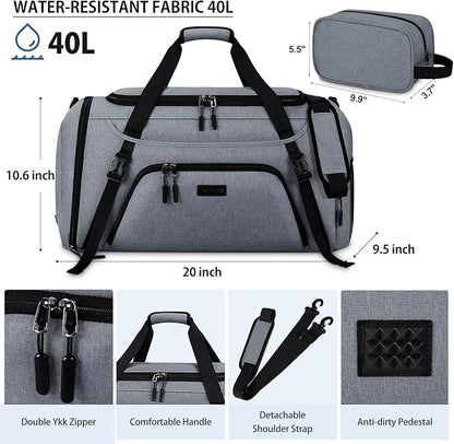 Gym Duffle Bag for Women Men 40L Waterproof Sports Bags Travel Duffel Bags with Shoe Compartment,Wet Pocket Large Weekender Overnight Bag with Toiletry Bag,Grey
