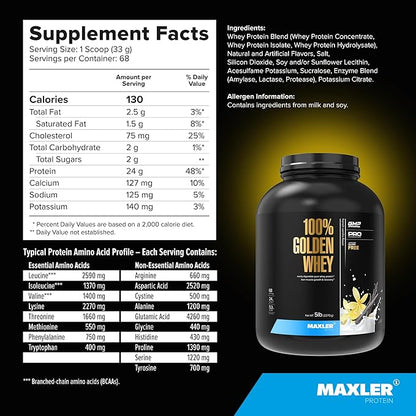 Maxler 100% Golden Whey Protein - 24g of Protein per Serving - Premium Whey Protein Powder for Pre Post Workout - Fast-Absorbing Whey Concentrate Isolate Hydrolysate Blend - French Vanilla Protein 5lb