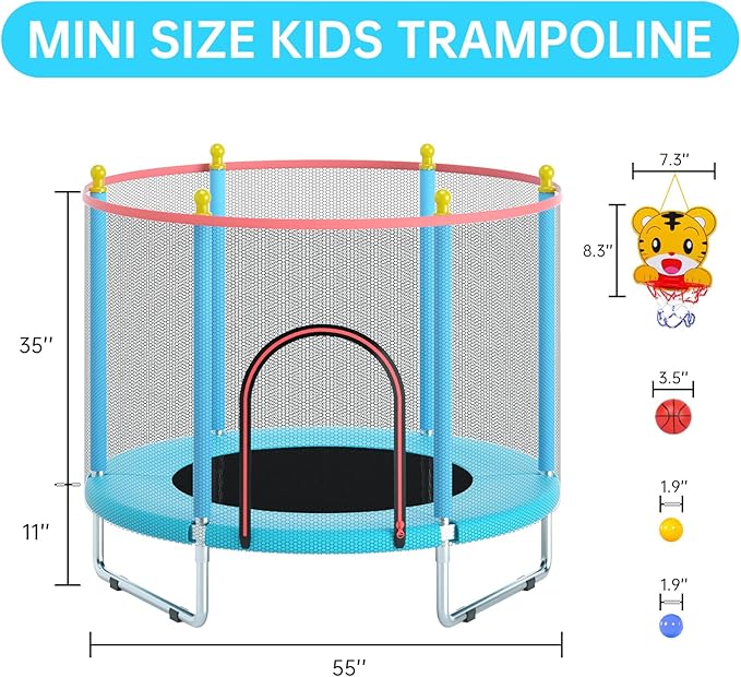 55" Trampoline for Kids, Telawah Indoor/Outdoor Mini Baby with Safety Enclosure Net, Adjustable Toddler with Basketball Hoop, Gifts for Boys & Girls