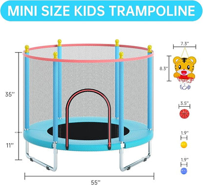 55" Trampoline for Kids, Telawah Indoor/Outdoor Mini Baby with Safety Enclosure Net, Adjustable Toddler with Basketball Hoop, Gifts for Boys & Girls