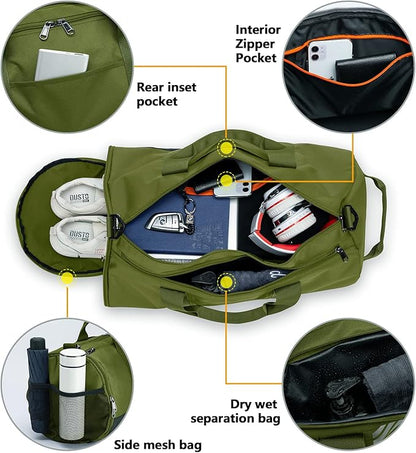 TUGUAN Basketball Gym Bags for Men Women Small Travel Duffle Bag with Wet Pocket & Shoes Compartment Overnight Weekender Duffel Bag Sports Gym Tote bag Man 40L, Green