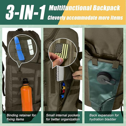 65L Large Travel Gym Duffle Bag with Tensile Strength Pom Buckle Military Tactical Backpack, Army Pack for Outdoor Sport with Molle System, Olive Green