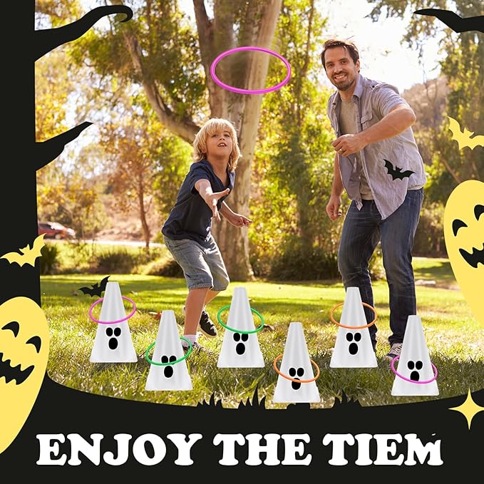 24 PcsHalloween Ring Toss Game Outdoor Carnival Party Games Include 6 Plastic Cones 18 Toss Rings for Halloween Party Games Indoor Outdoor Yard Activities