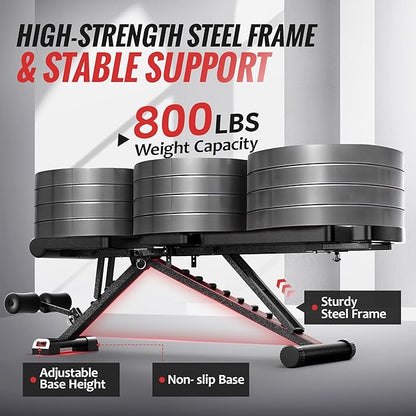 Adjustable Weight Bench for Home Gym with Headrest - Foldable Workout Bench Press, 800lb Capacity for Exercises Incline Flat Decline Sit-Ups