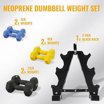 Neoprene Coated Dumbbell Set with Rack, Free Hand Weight Set For Home Gym Workout, Anti-Slip, Anti-roll, 20LBS, 32LBS, 50LBS and 56LBS Sets, Multiple Weight Options