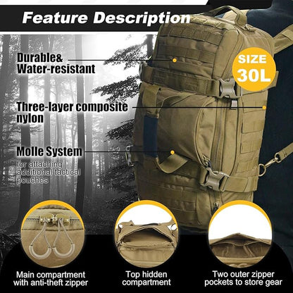 3 In 1 Tactical 30L Military Backpack Travel Duffle Bag for Weekender Gym Workout Deployment