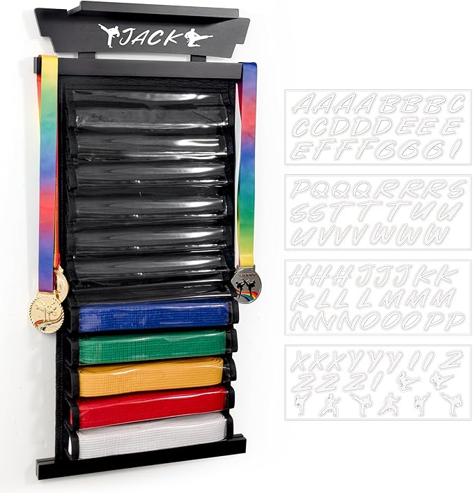 Tilhumt 12/10 Belts Karate Belt Display Rack with Stickers, Taekwondo Belt Display with Trophy/Photo Rack, Felt Dustproof Design, Easy to Put in Belt, Martial Arts Belt Display for Adults