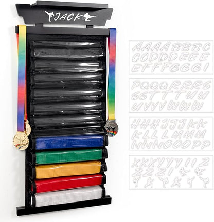 Tilhumt 12/10 Belts Karate Belt Display Rack with Stickers, Taekwondo Belt Display with Trophy/Photo Rack, Felt Dustproof Design, Easy to Put in Belt, Martial Arts Belt Display for Adults