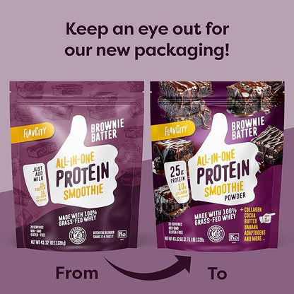 FlavCity Grass Fed Whey Chocolate Protein Powder - Brownie Batter - 25g Protein & 10g Collagen - Made with Organic Cocoa & Coconut Milk - Gluten Free & No Added Sugars (20 Servings)