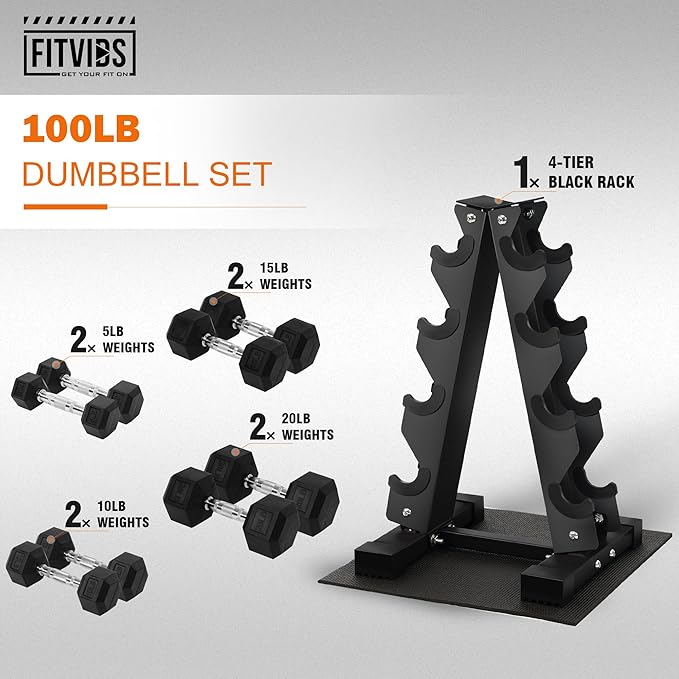 Rubber Coated Hex Dumbbell Weight Sets and Storage Rack, 100LB Set or 150LB Set, 5-20 lbs Pairs or 5-25 lbs Pairs