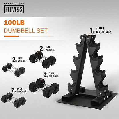 Rubber Coated Hex Dumbbell Weight Sets and Storage Rack, 100LB Set or 150LB Set, 5-20 lbs Pairs or 5-25 lbs Pairs