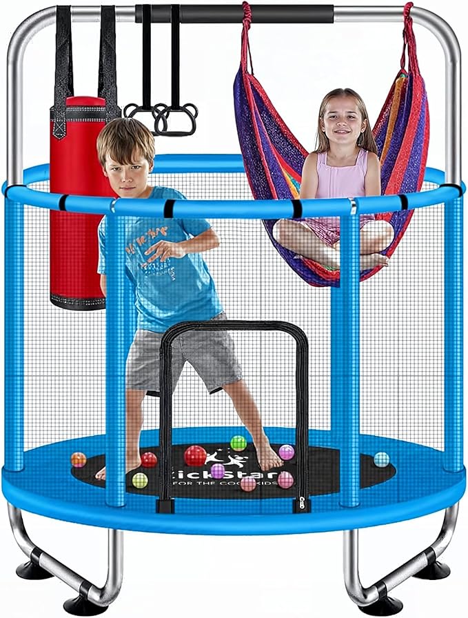 Toddler Trampoline for Kids Ages 3-8 - 5 ft Toddler Trampoline with Net, Basketball Hoop, Ocean Balls, Boxing Bag, Hammock - Indoor and Outdoor for Kids, Backyard
