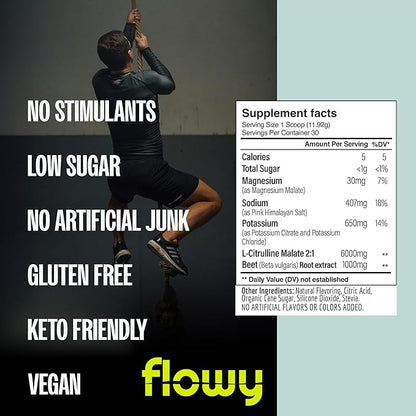flowy Stim Free Pre Workout ??Nitric Oxide Booster for Men & Women | All Natural, Hydration, Non Stimulant Pump, Caffeine-Free, Electrolytes, L-Citrulline, Lemon Lime, 30 Servings