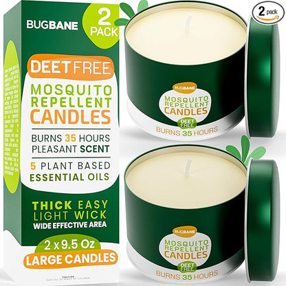 2 Mosquito Candles for Outside. Citronella Candles Outdoor Large. DEET Free with 5 Natural Essential Oils. Insect Fly Bug Candle Repellent Outdoor. Mosquito Repellent Candle Indoor Home Patio Camping