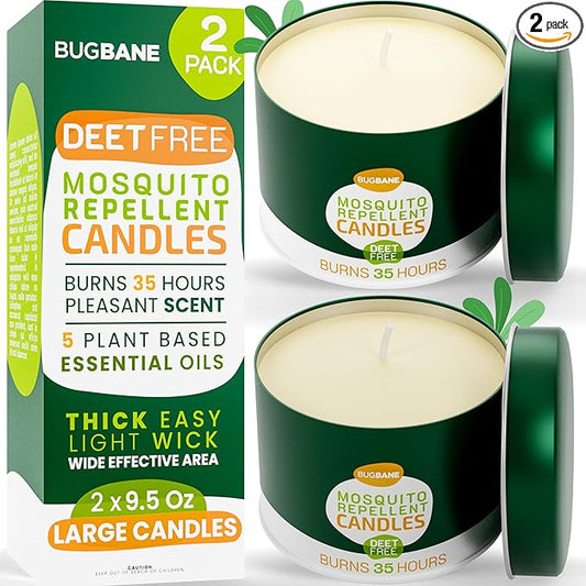 2 Mosquito Candles for Outside. Citronella Candles Outdoor Large. DEET Free with 5 Natural Essential Oils. Insect Fly Bug Candle Repellent Outdoor. Mosquito Repellent Candle Indoor Home Patio Camping