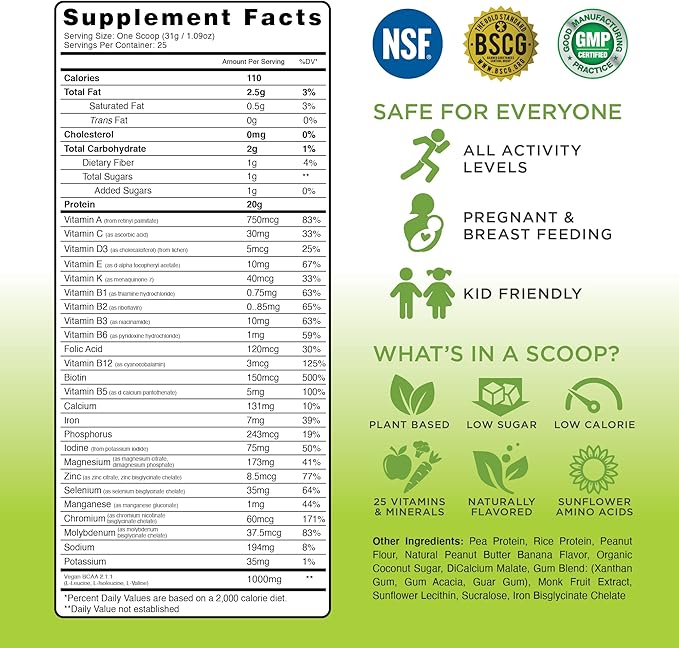 TRU Plant Based Protein Powder, BCAA, EAA, 20g Vegan Brown Rice & Pea Protein, 100 Calories, 27 Vitamins, No Artificial Flavors 25 Servings (Peanut Butter Banana Cupcake)