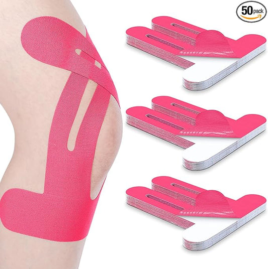 50 Pcs Precut Kinesiology Tape for Knees Pain Relief Elastic Waterproof Athletic Knee Tape for Support Stability Sports(Rose Red)