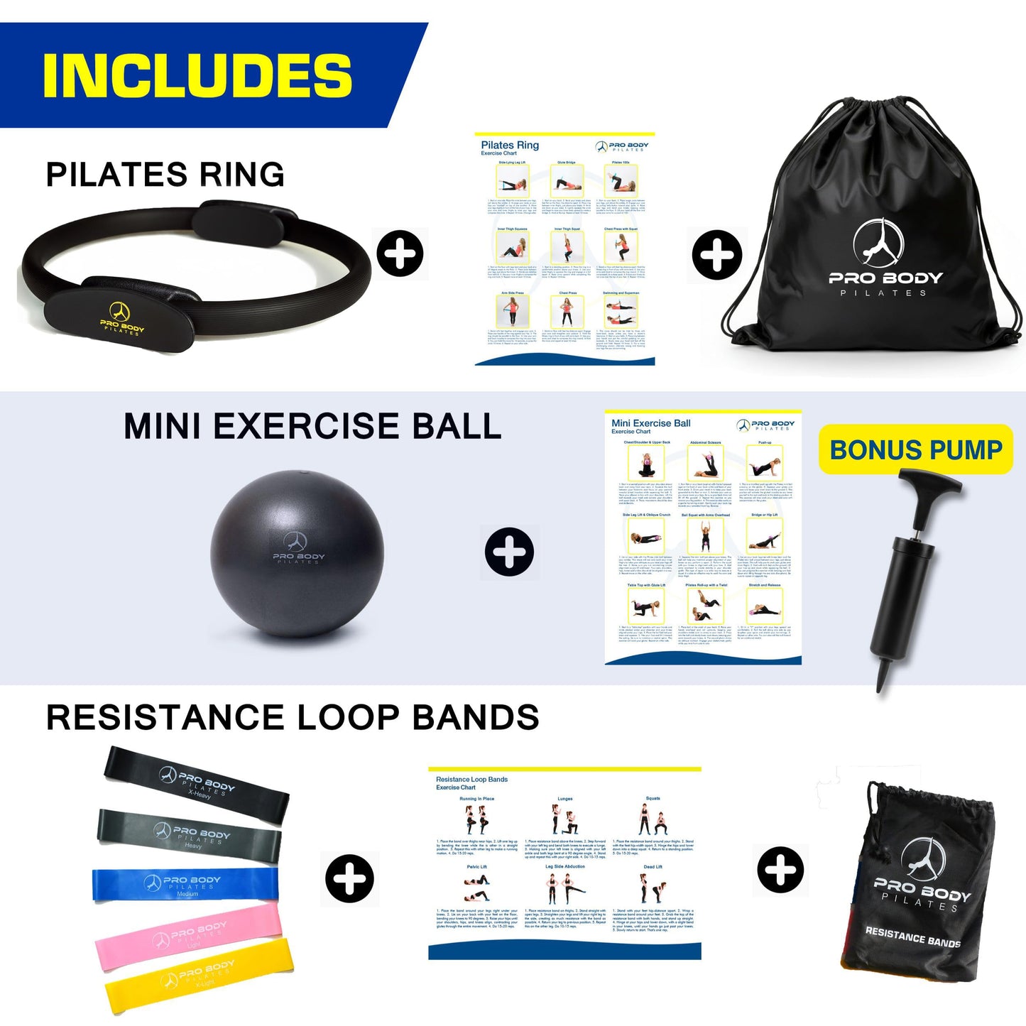 ProBody Pilates Kit — 14 Inch Ring, 9 Inch Ball, 4 Bands & Pump (Black)