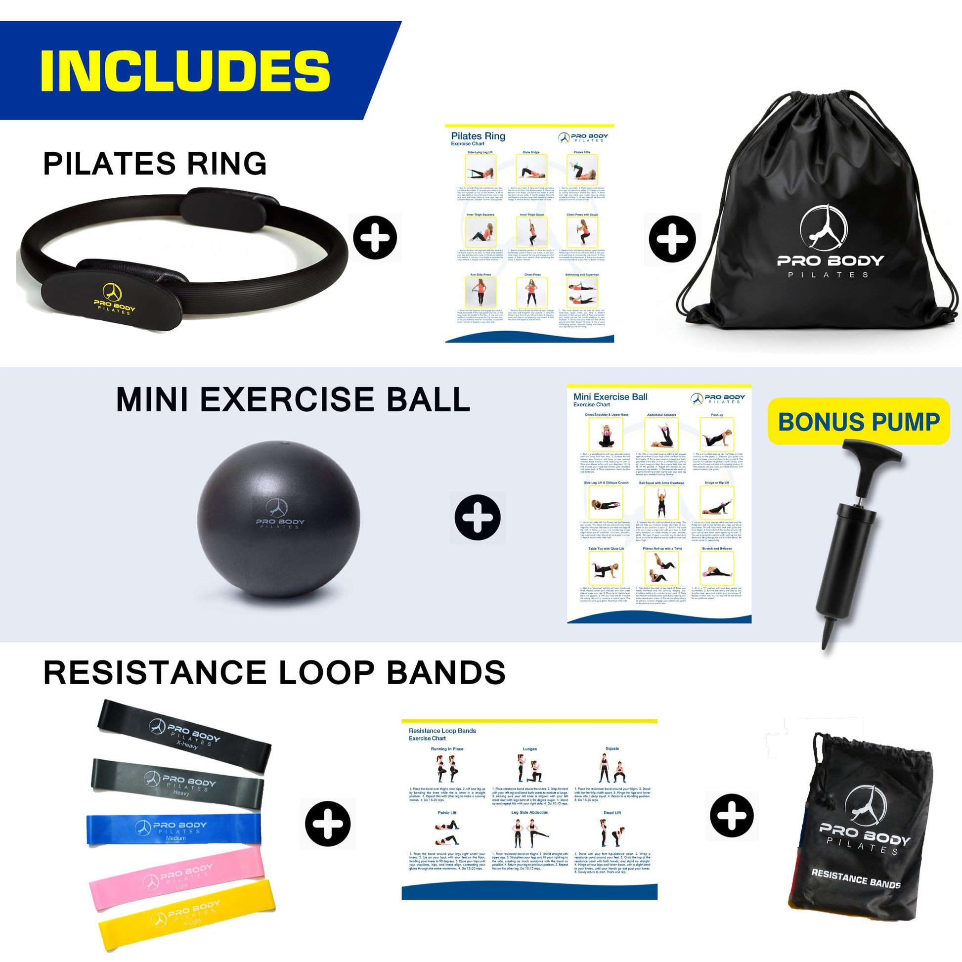 ProBody Pilates Kit — 14 Inch Ring, 9 Inch Ball, 4 Bands & Pump (Black)