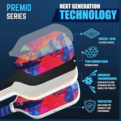 4Joy Pickleball Paddle Premio Series - Thermoformed Premium T700 Carbon Fiber Pickleball Paddless - Professional Pickleball Rackets for Women & Men - 16mm Honeycomb Core - USAP Approved