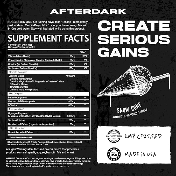 AfterDark Supplements Creation Creatine Monohydrate Powder, 10000mg Creatine Matrix Blend, Promotes Power, Endurance & Muscle Growth, GMP Certified, USA Made, 21 Servings, Snow Cone