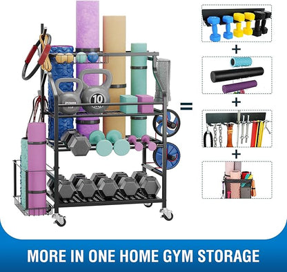 Dumbbells Rack,Weight Rack for Kettlebell, Weight Stand,Home Gym Storage Holder for Yoga Mat, Foam Roller,Yoga Strap,Resistance Bands,Garage Storage Organizer,Workout Storage with Wheels