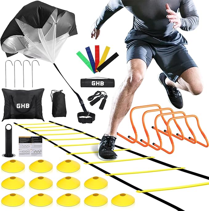 GHB Agility Ladder,Football Training Equipment Set,4 Agility Hurdles, 20 feet12 Rungs Speed Ladder,12 Disc Cones,Resistance Parachute, Jump Rope, 5 Resistance Bands