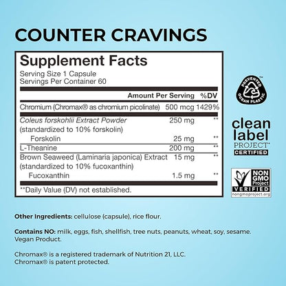 HUM Counter Cravings Chromium Supplements with L Theanine, Seaweed Extract & Forskolin to Help Support Appetite, Cravings, and Routines, Gluten Free, Caffeine Free Formula, 60 Vegan Capsules