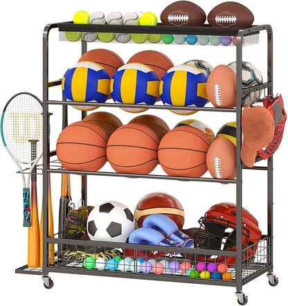 Garage Sports Equipment Storage Rack,Wheeled Sports Ball Storage Box,Double-Tier Double-Row Basketball Hoop Holds 16+ Balls,Ball Rack with Baseball Bat Holder and Hooks-Black