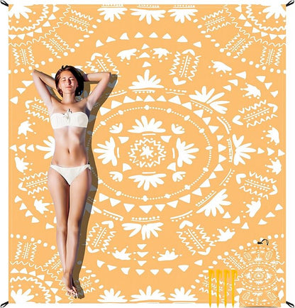 110''×118'' Extra Large Sandproof Beach Blanket 4-8 Adults, Waterproof Foldable Picnic Blankets with 4 Stakes & 4 Pockets, Lightweight Boho Outdoor Beach Mat for Travel, Camping, Hiking