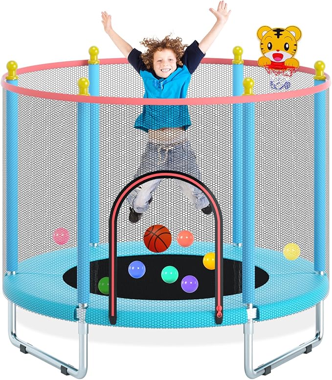 55" Trampoline for Kids, Telawah Indoor/Outdoor Mini Baby with Safety Enclosure Net, Adjustable Toddler with Basketball Hoop, Gifts for Boys & Girls