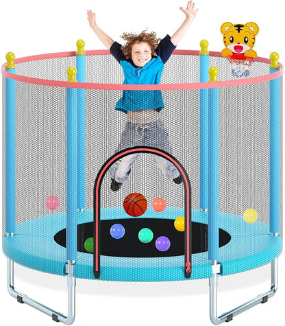 55" Trampoline for Kids, Telawah Indoor/Outdoor Mini Baby with Safety Enclosure Net, Adjustable Toddler with Basketball Hoop, Gifts for Boys & Girls